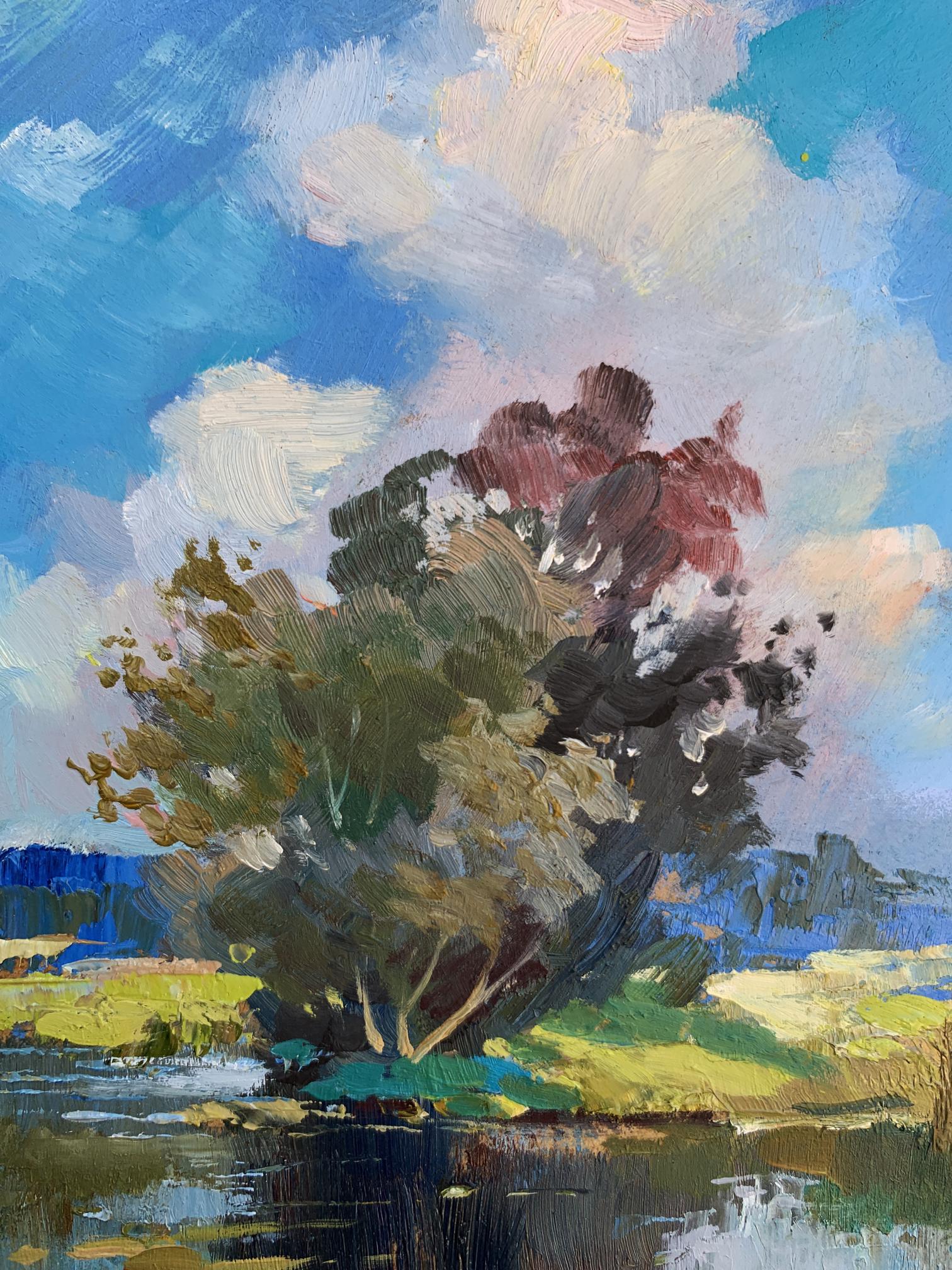 Vibrant impressionist oil painting by Yuriy Suprunchuk of lush tree in nature