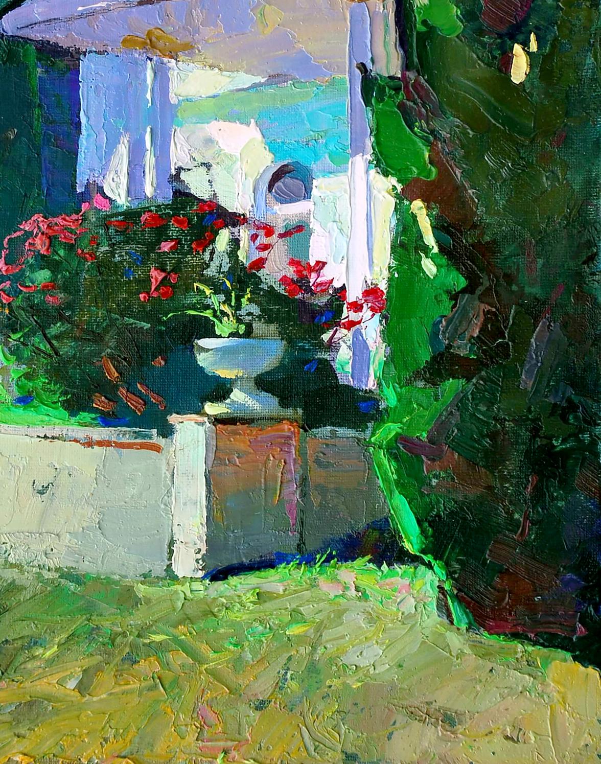 Oil painting Summer sketch by Egor Shvachunov: white fluted bowl amid red flowers