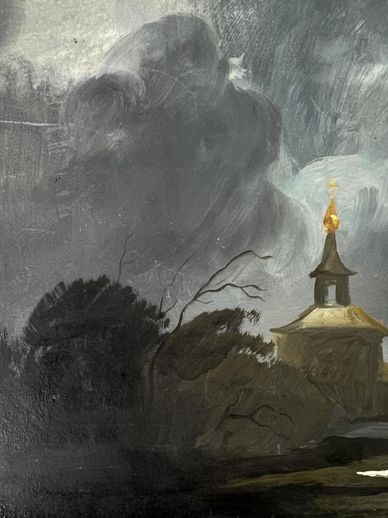 Oil painting by Oleg Litvinov: chapel with golden cross in thunderstorm