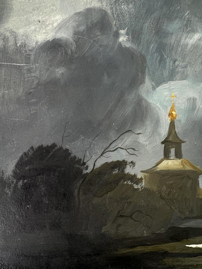 Oil painting by Oleg Litvinov: chapel with golden cross in thunderstorm
