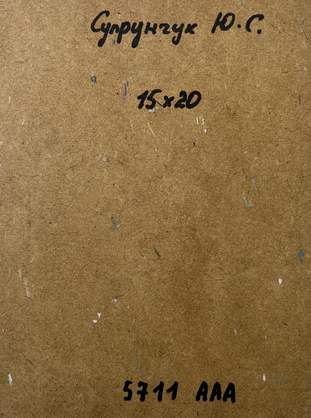 Back of Yuriy Suprunchuk oil painting Forest river with handwritten Cyrillic text and measurements on brown cardboard
