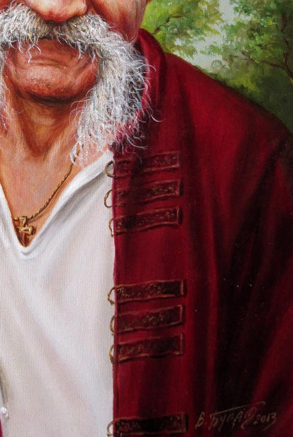 Rich burgundy velvet jacket with brown leather lacing in Valeriy Bulat oil painting