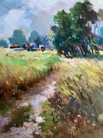 Vibrant oil painting of wheat field by Yuriy Suprunchuk, sunlit path through grass
