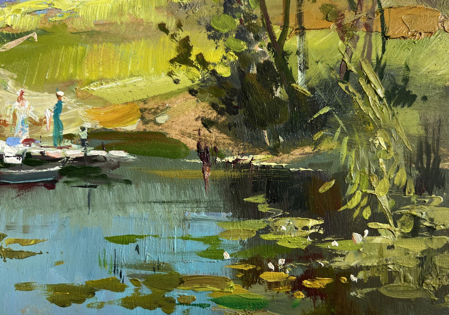 Vibrant impressionist oil painting of summer lake with lily pads by Yuriy Suprunchuk