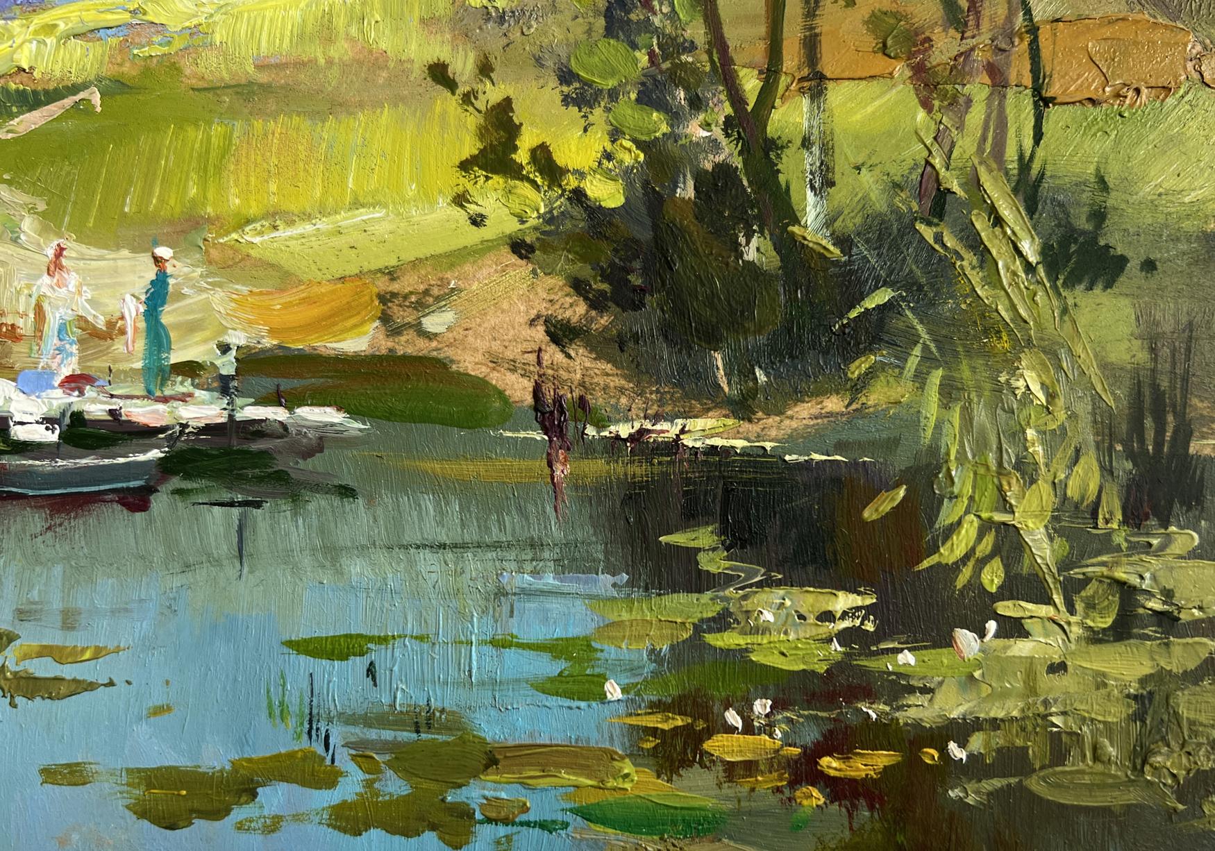 Vibrant impressionist oil painting of summer lake with lily pads by Yuriy Suprunchuk