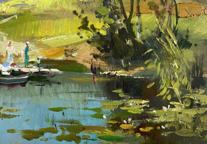Vibrant impressionist oil painting of summer lake with lily pads by Yuriy Suprunchuk