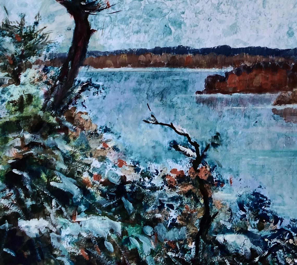 Textured impressionistic oil painting by Vitaly Duhnevich of snowy lakeside scene