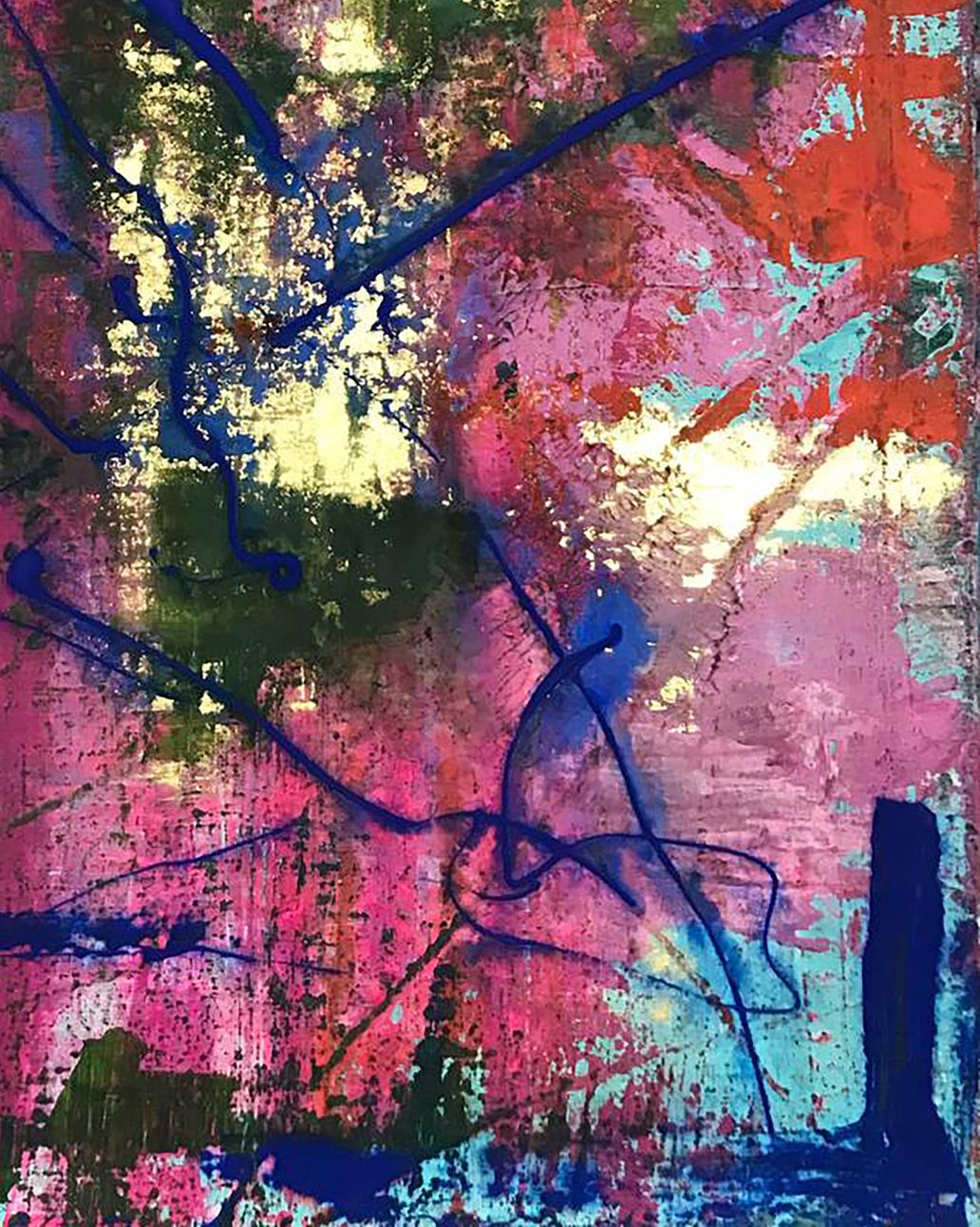 Vibrant abstract painting with bold strokes of pink, red, blue, and green paint on a textured canvas.