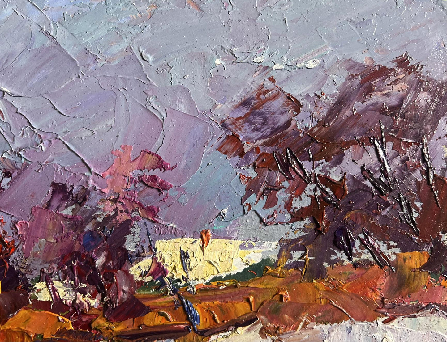 Oil painting Sunny day in winter by Boris Serdyuk, impressionist textured purples reds oranges