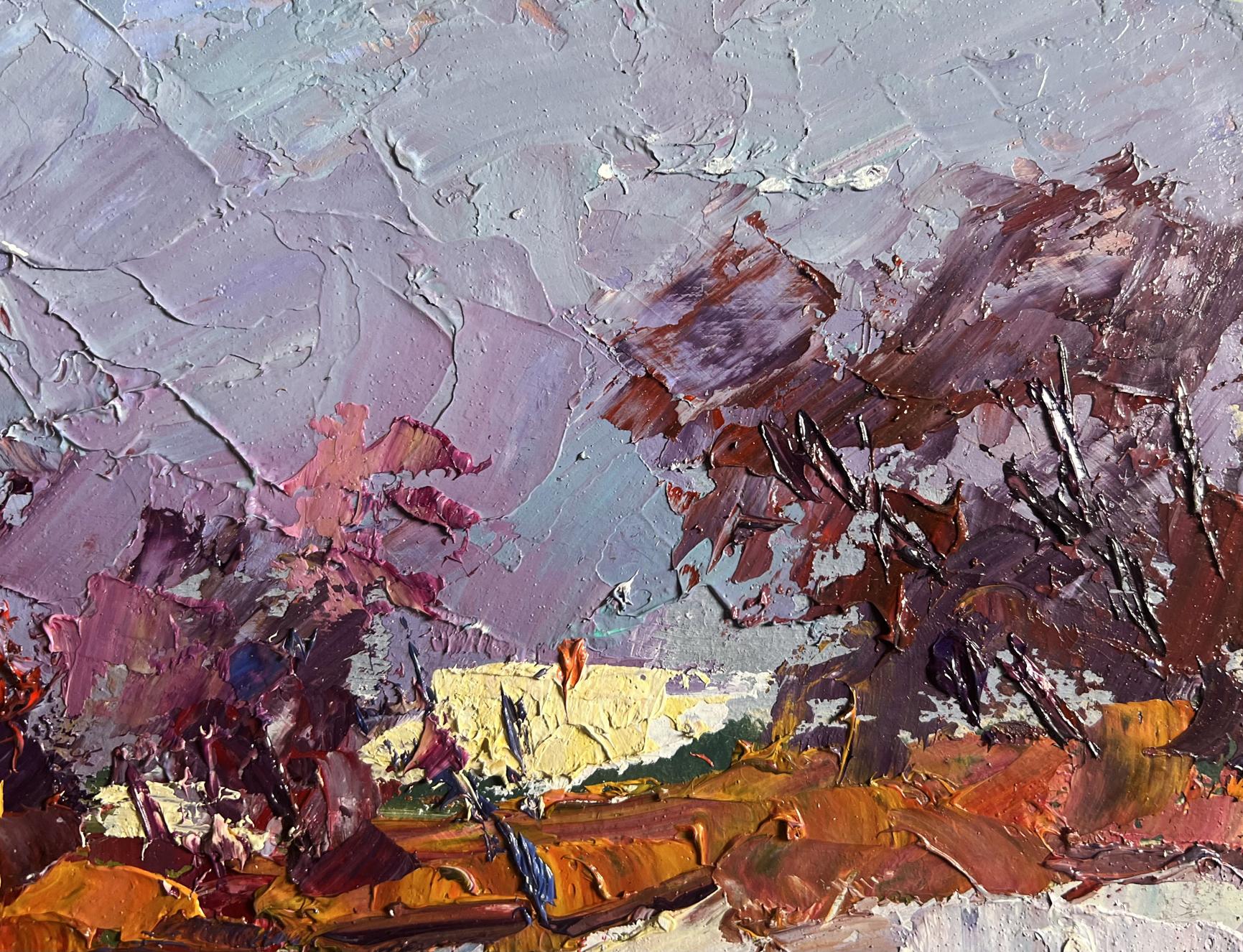 Oil painting Sunny day in winter by Boris Serdyuk, impressionist textured purples reds oranges
