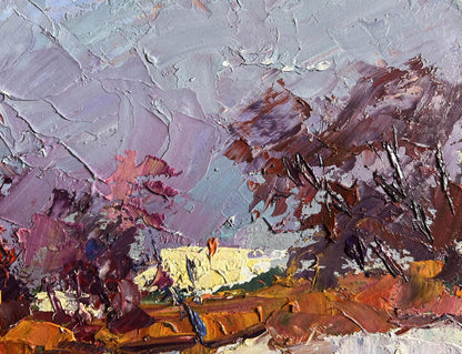 Oil painting Sunny day in winter by Boris Serdyuk, impressionist textured purples reds oranges