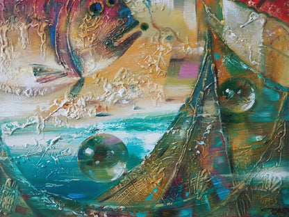 Abstract oil painting Big fish by Anatoly Tarabanov, vibrant pink blue gold fish