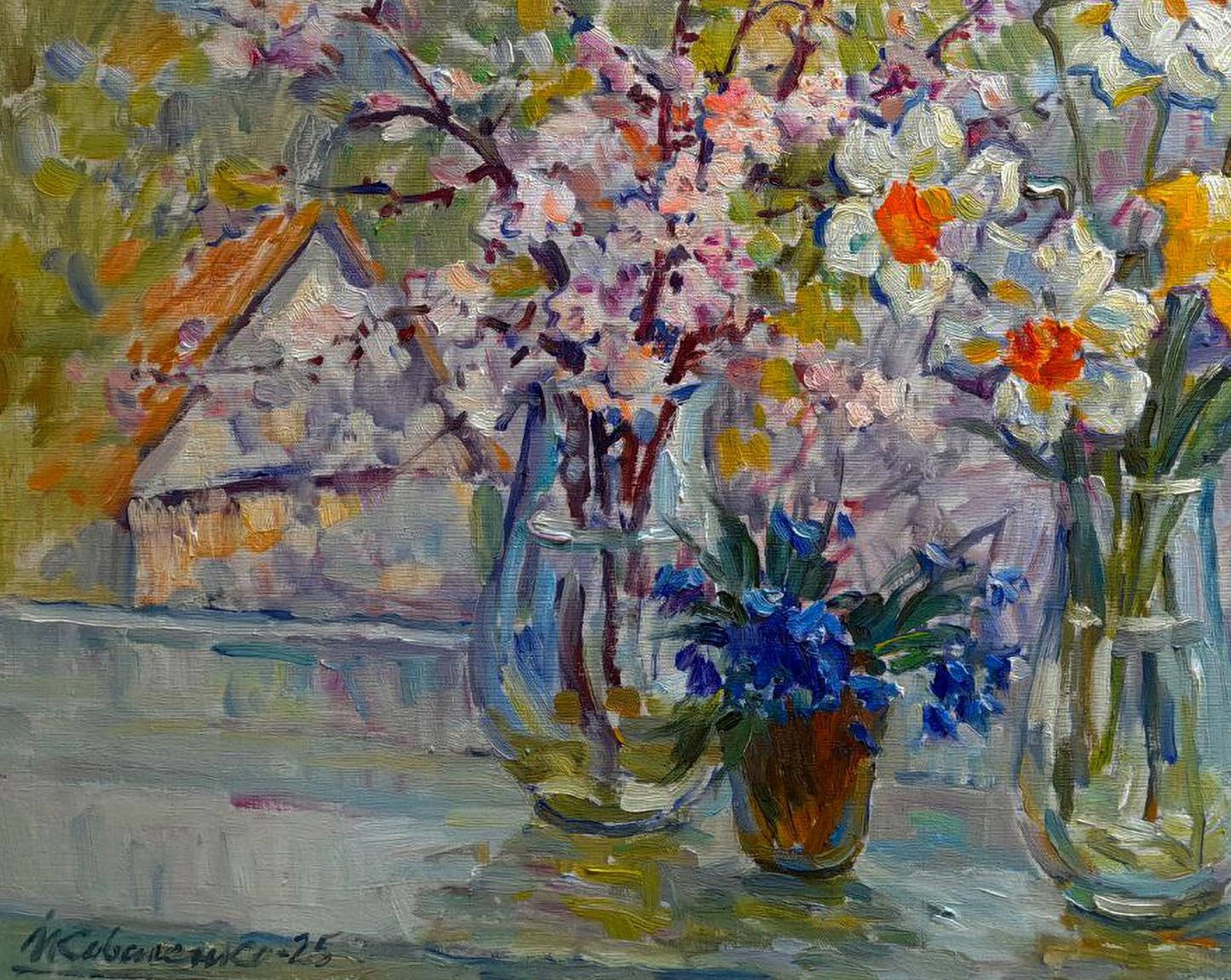 Oil painting Morning light and petals by Ivan Kovalenko with pink blossoms