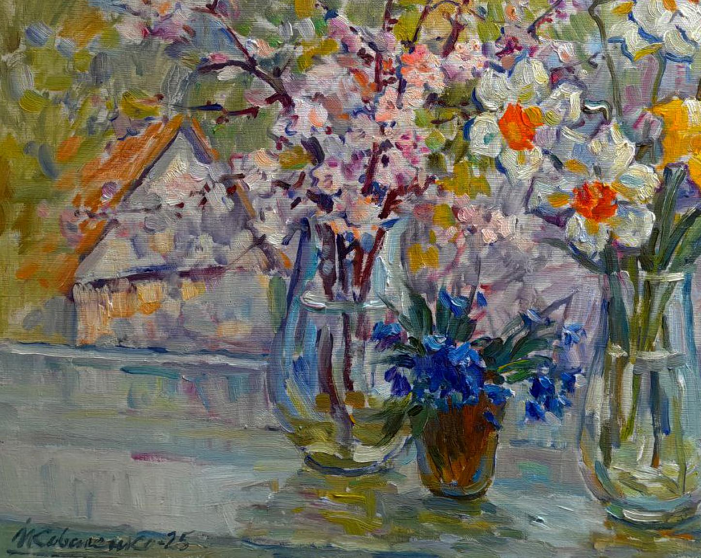 Oil painting Morning light and petals by Ivan Kovalenko with pink blossoms