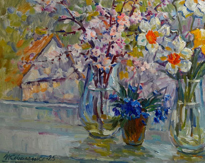 Oil painting Morning light and petals by Ivan Kovalenko with pink blossoms