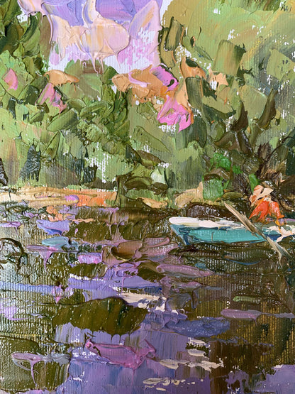 Oil painting Summer fishing by Oleksiy Ivanyuk: turquoise boat on purple green water