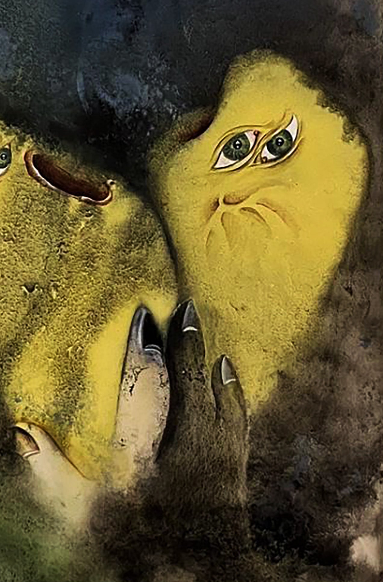 Textured yellowish-green creature face watercolor painting by Dmytro Startsev