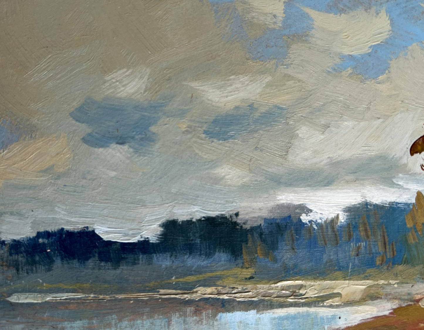 Textured oil painting of moody sky over autumn forest house by Yuriy Suprunchuk