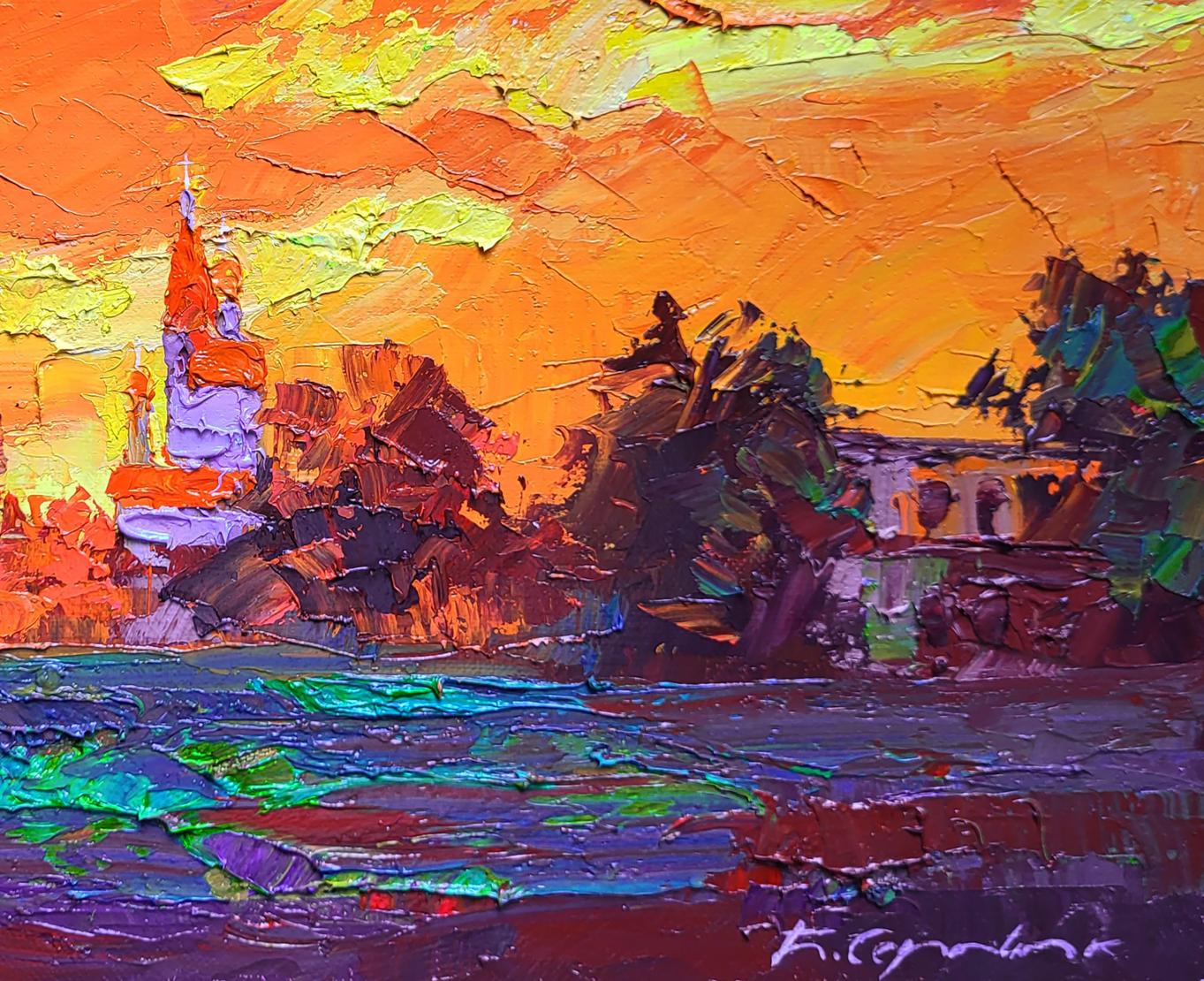 Vibrant Evening Boris Serdyuk oil painting of church spire in orange sky