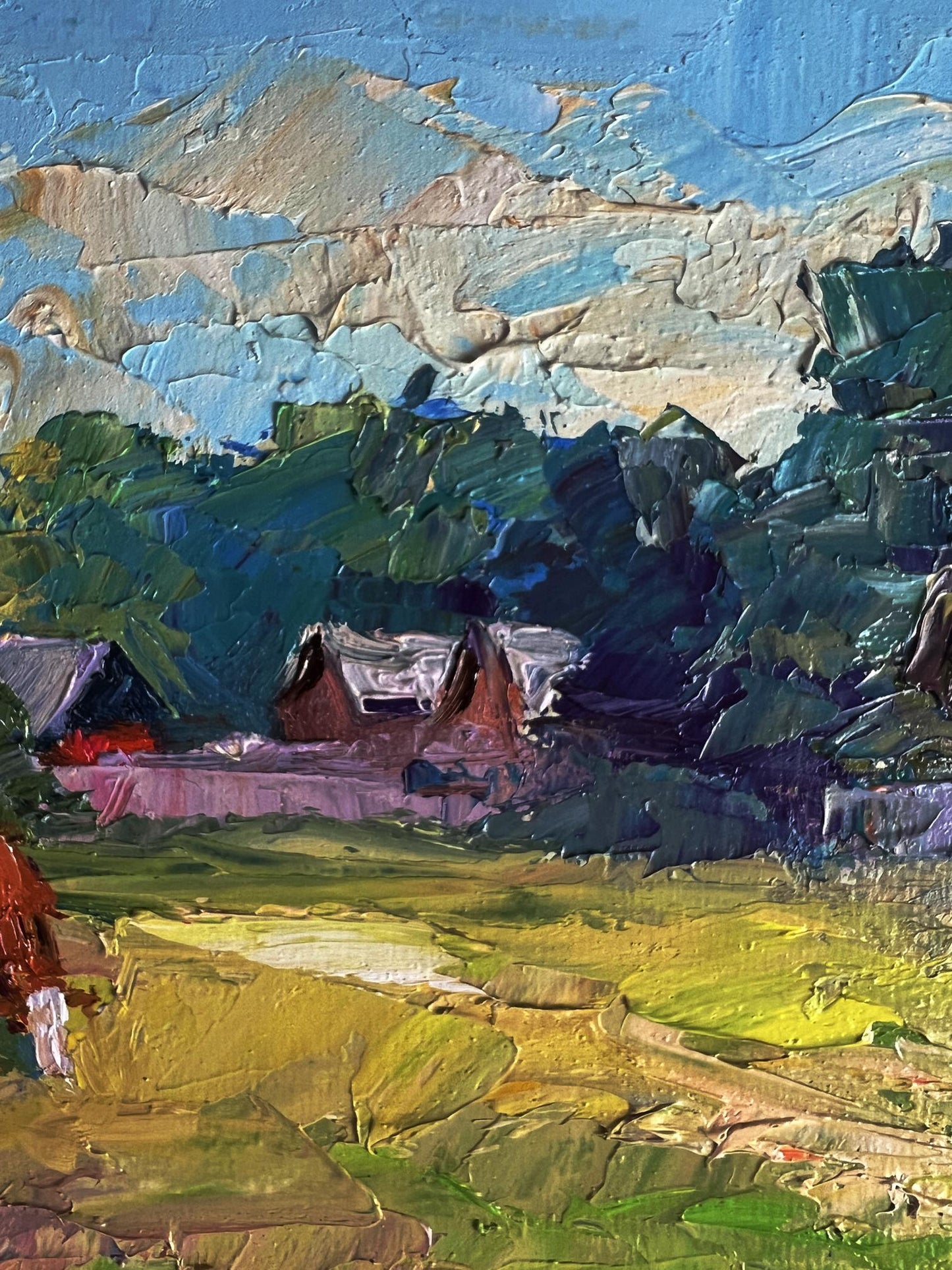 Textured impressionist oil painting of Boris Serdyuks red cow near houses