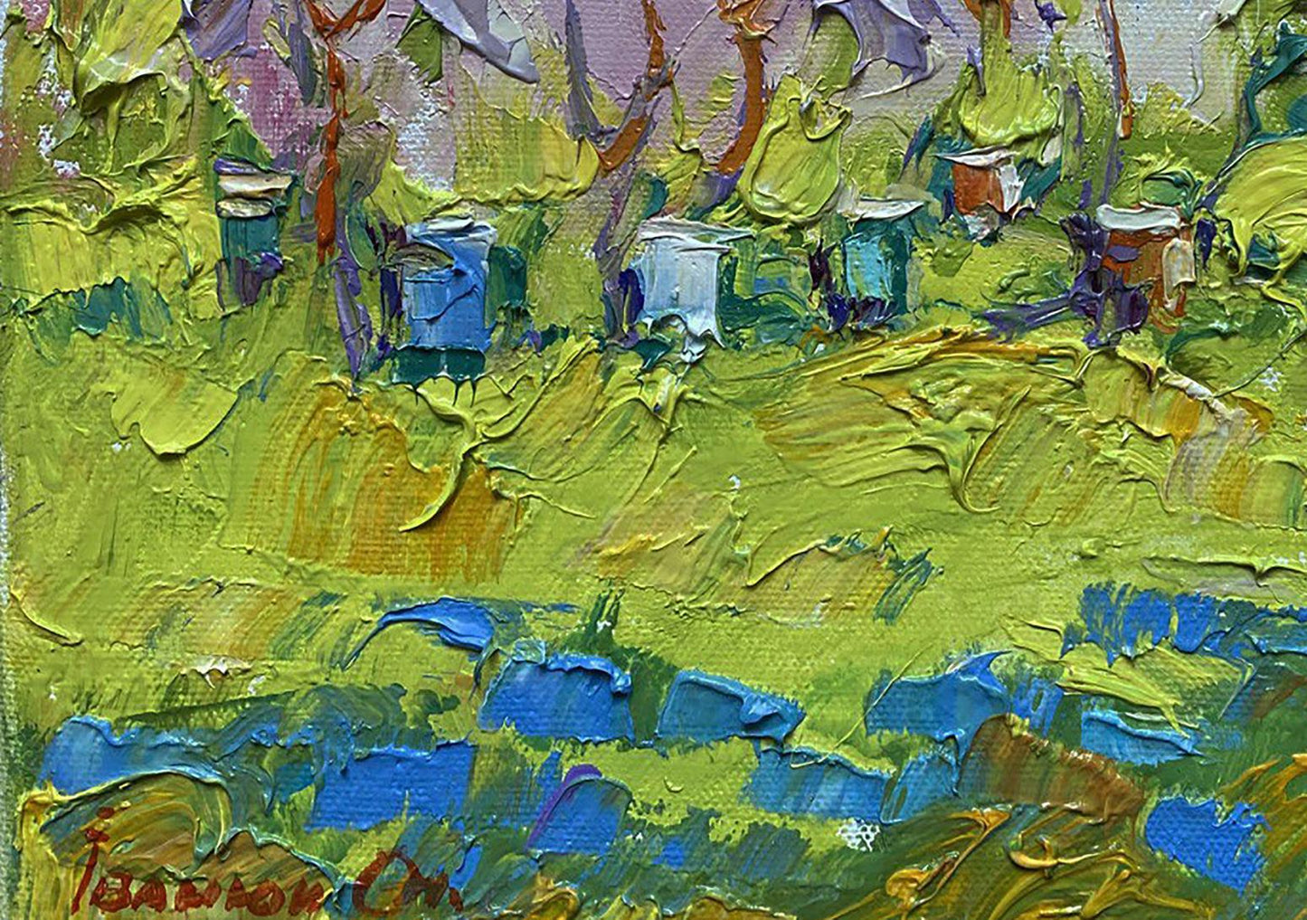 Vibrant impressionist oil painting Spring garden by Oleksiy Ivanyuk with beehives
