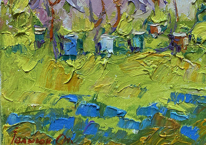 Vibrant impressionist oil painting Spring garden by Oleksiy Ivanyuk with beehives