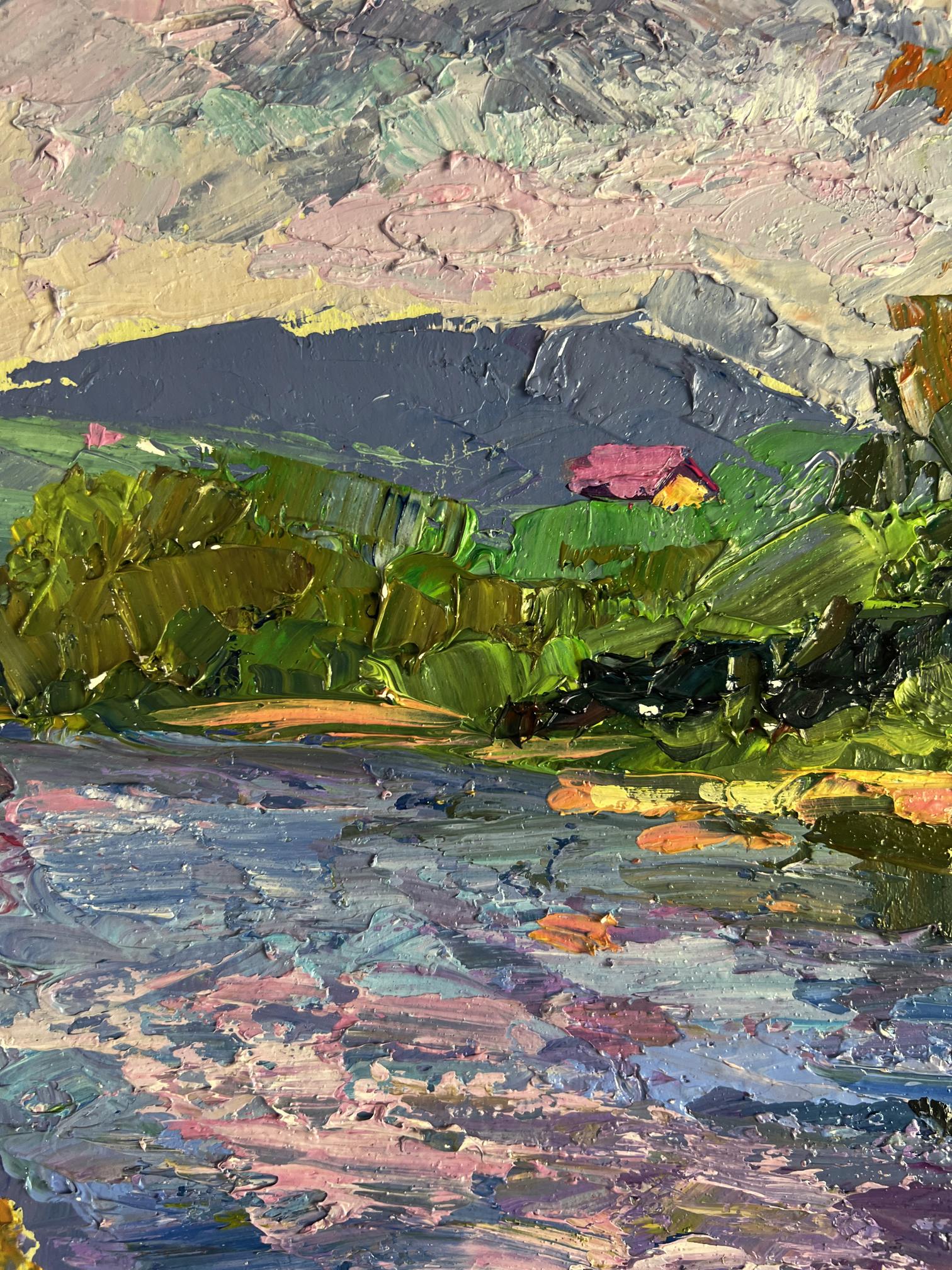Vibrant impressionist oil painting by Boris Serdyuk of lush green hills and mountain river
