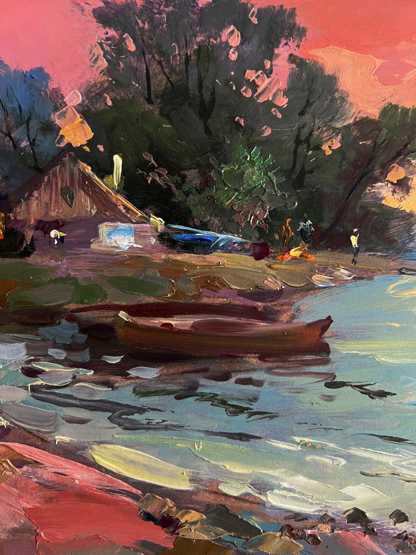 Oil painting of rustic rowboat on calm water at sunset by Yuriy Suprunchuk