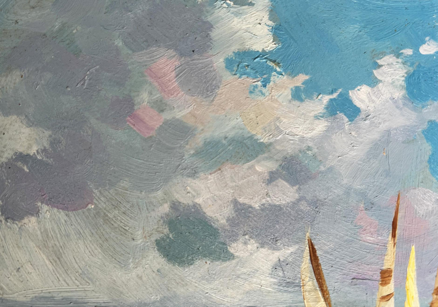 Textured oil painting of sailboats at sea with gray-blue cloudy sky by Yuriy Suprunchuk