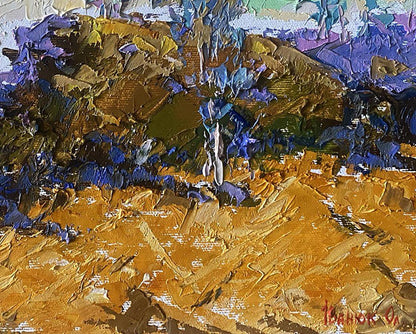 Oil painting Between the Trees by Oleksiy Ivanyuk, impasto landscape