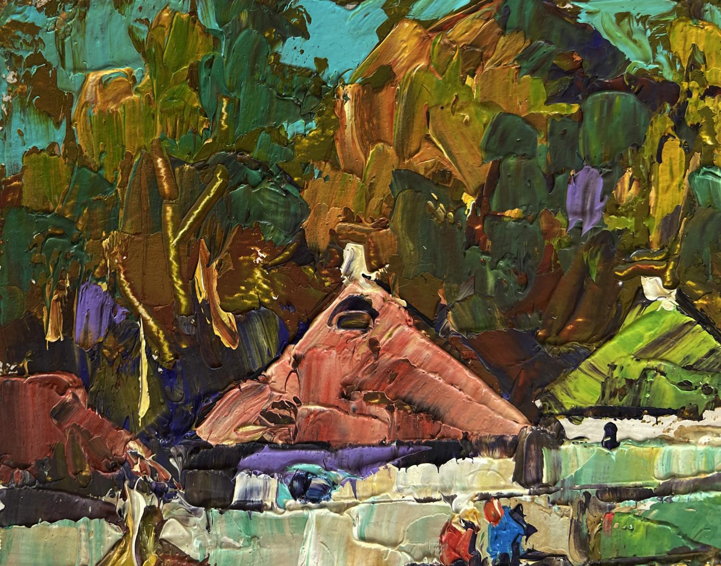 Oil painting by Oleksiy Ivanyuk: reddish-brown pyramid in lush foliage under teal sky