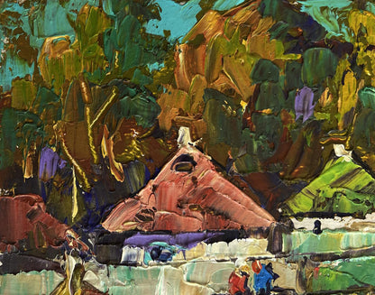 Oil painting by Oleksiy Ivanyuk: reddish-brown pyramid in lush foliage under teal sky