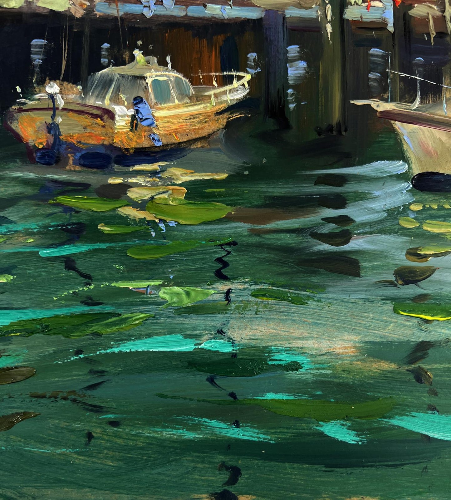 Weathered wooden yacht in greenish lily pad water by Yuriy Suprunchuk