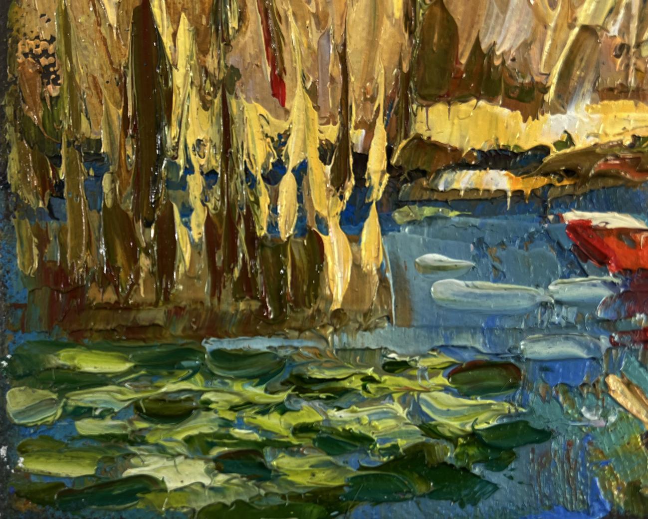 Oil painting Silence of the Water by Oksana Ivanyuk with golden willows and lily pond