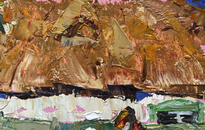 Oil painting Quiet village conversation by Oleksiy Ivanyuk textured hillside