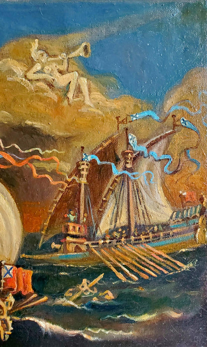Oil painting Capture the Ship by Daniil Litvinov: ship in turbulent seas under nude horn player in clouds