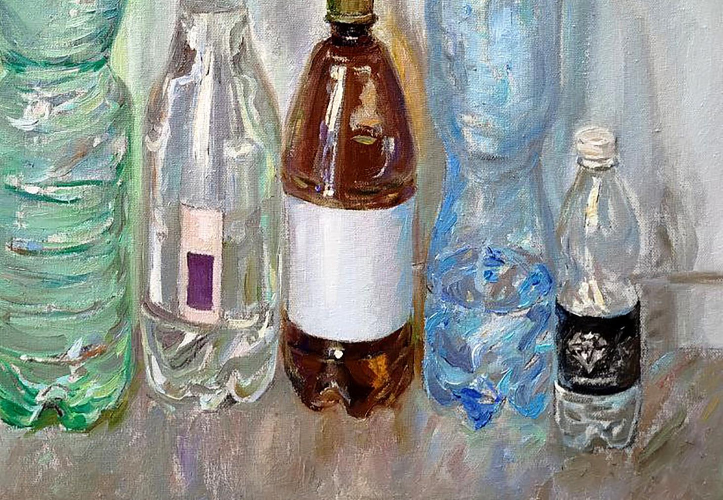Brown plastic bottle with white label and gold cap for Leonid Pavlenko oil painting moonshine