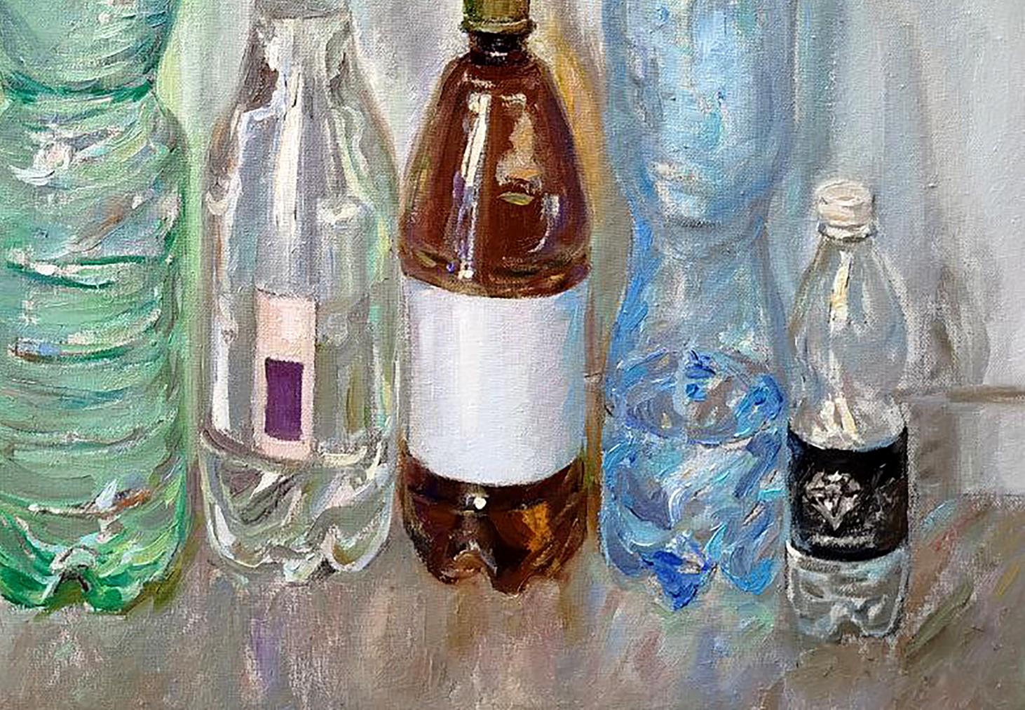 Brown plastic bottle with white label and gold cap for Leonid Pavlenko oil painting moonshine