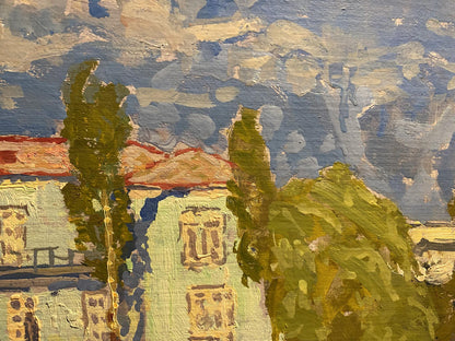 Oil painting by Grigoriy Ruban: building with red roofs, green trees, cloudy sky
