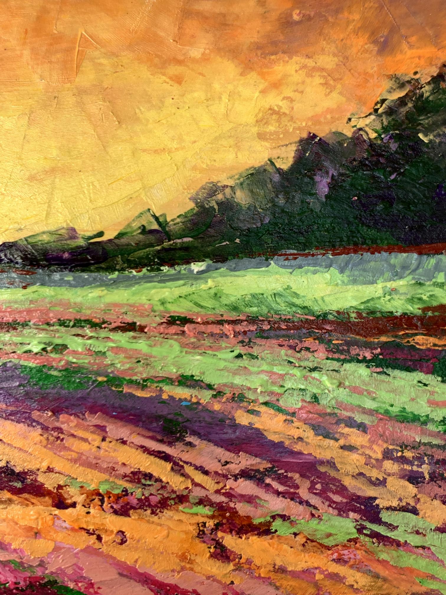 Vibrant impressionist oil painting Sunset behind the forest by V. Zadorozhnya