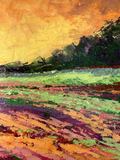 Vibrant impressionist oil painting Sunset behind the forest by V. Zadorozhnya