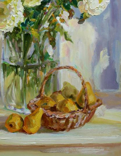 Oil painting Autumn sun by Leonid Pavlenko: wicker basket of pears by hydrangeas