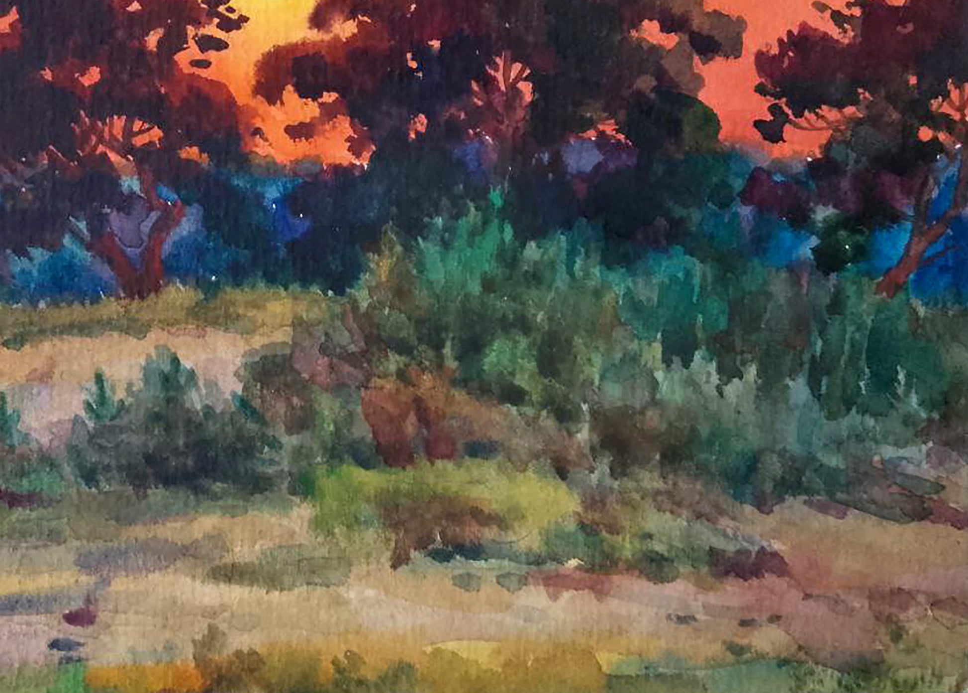 Watercolor painting Watching the Sunset by Vitaly Duhnevich with vibrant skies