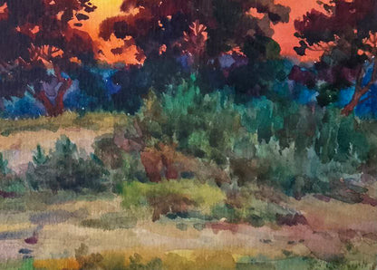 Watercolor painting Watching the Sunset by Vitaly Duhnevich with vibrant skies