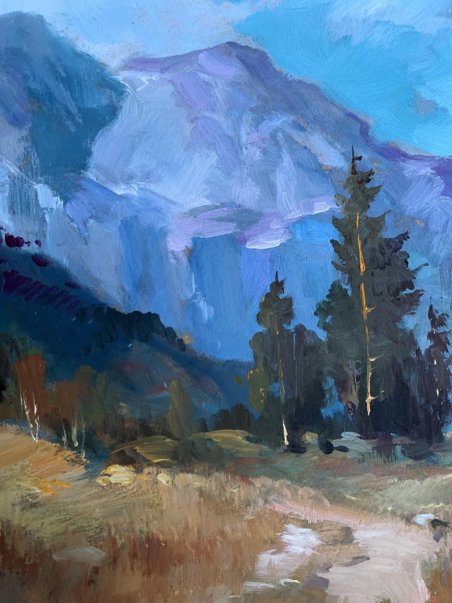 Vibrant oil painting of road to purple mountains by Yuriy Suprunchuk