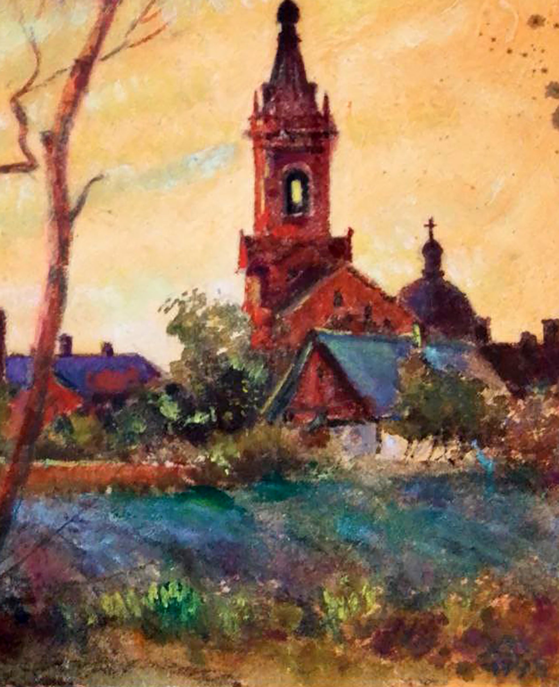 Oil painting of old village church by Vitaly Duhnevich, red bricks, tall spire
