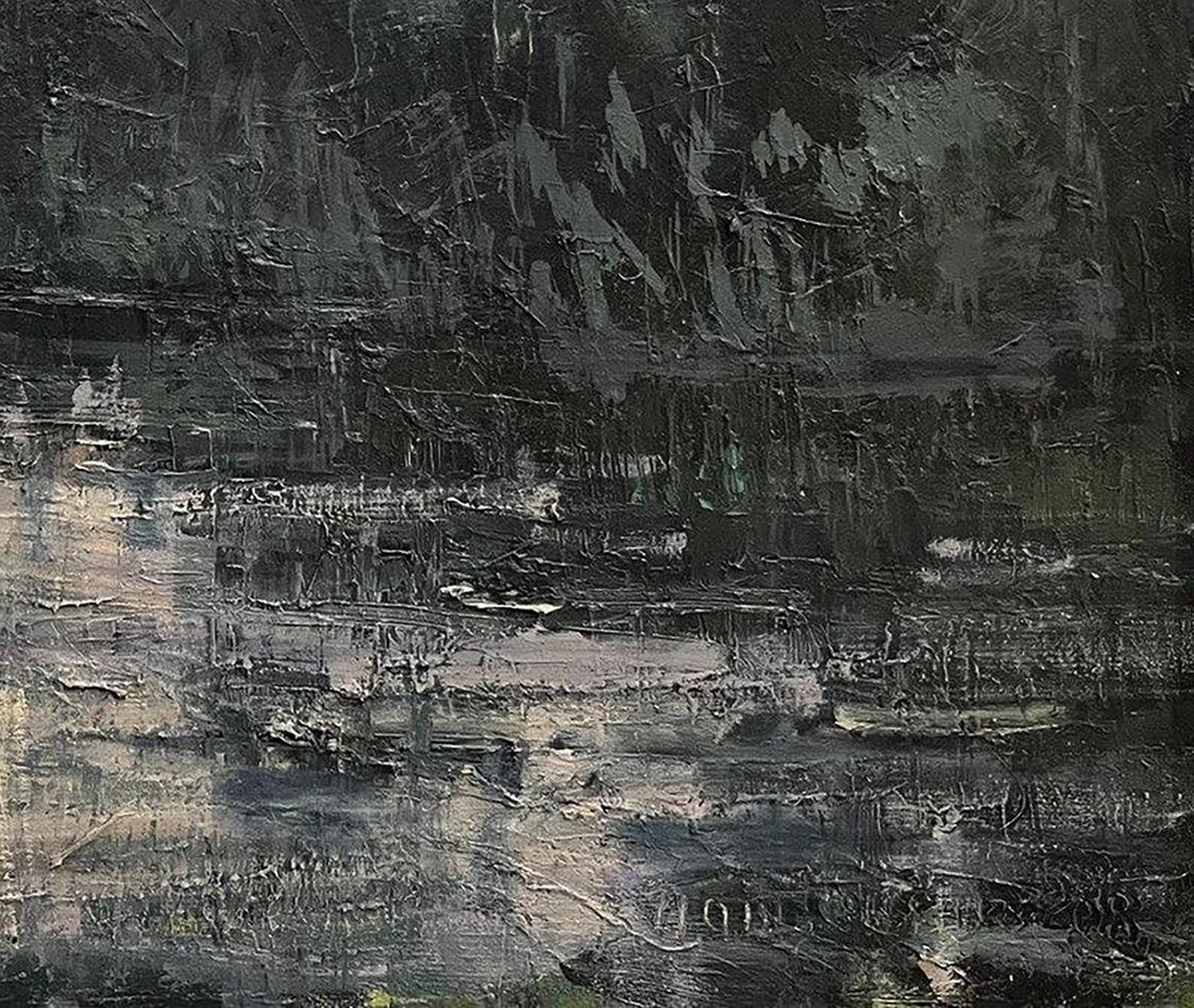 Oil painting Village river by Volodymyr Pashchenko, abstract dark gray textured layers