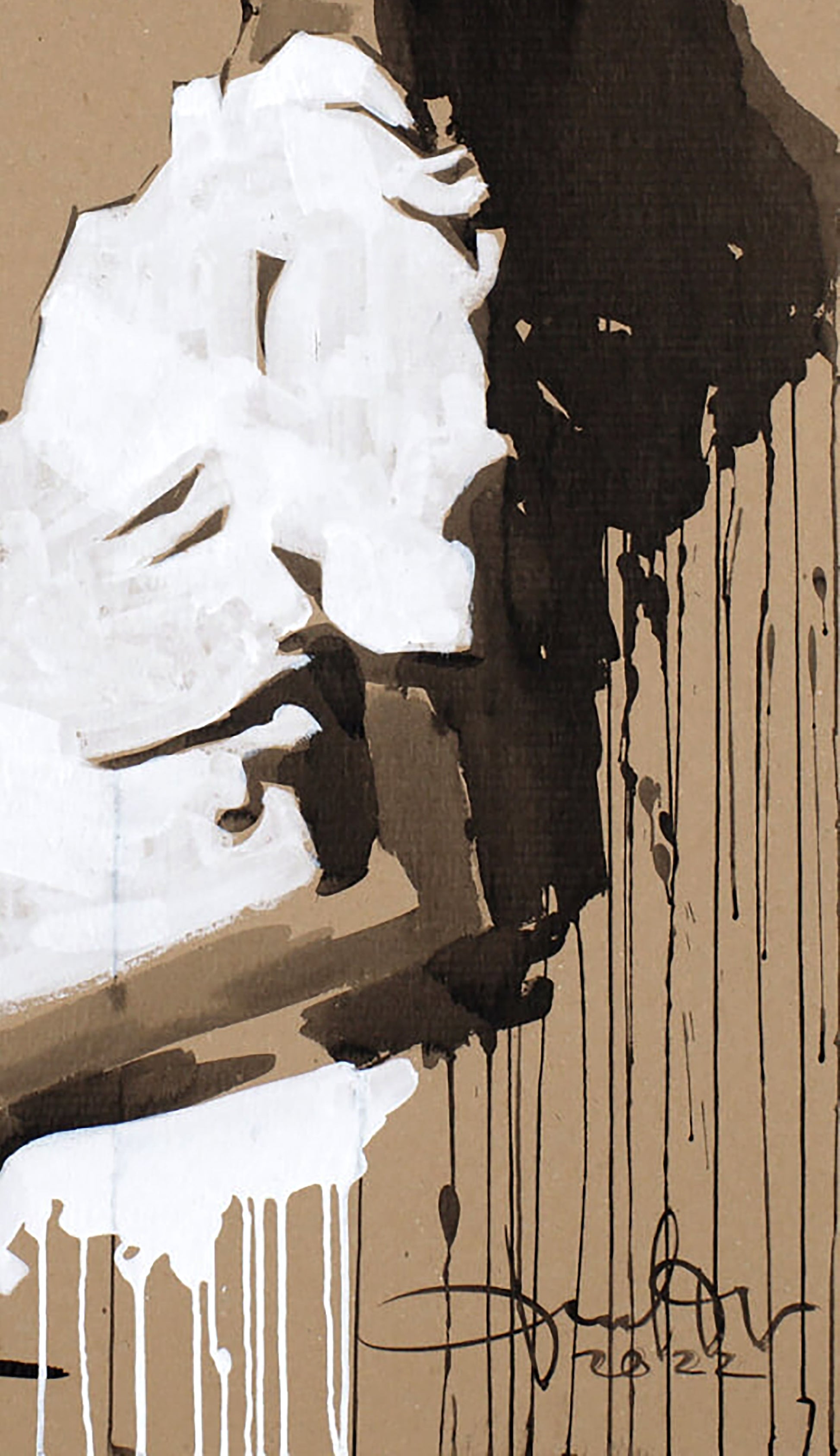 Abstract black and white drips on tan acrylic painting Sister Dima Filatov signed 2022