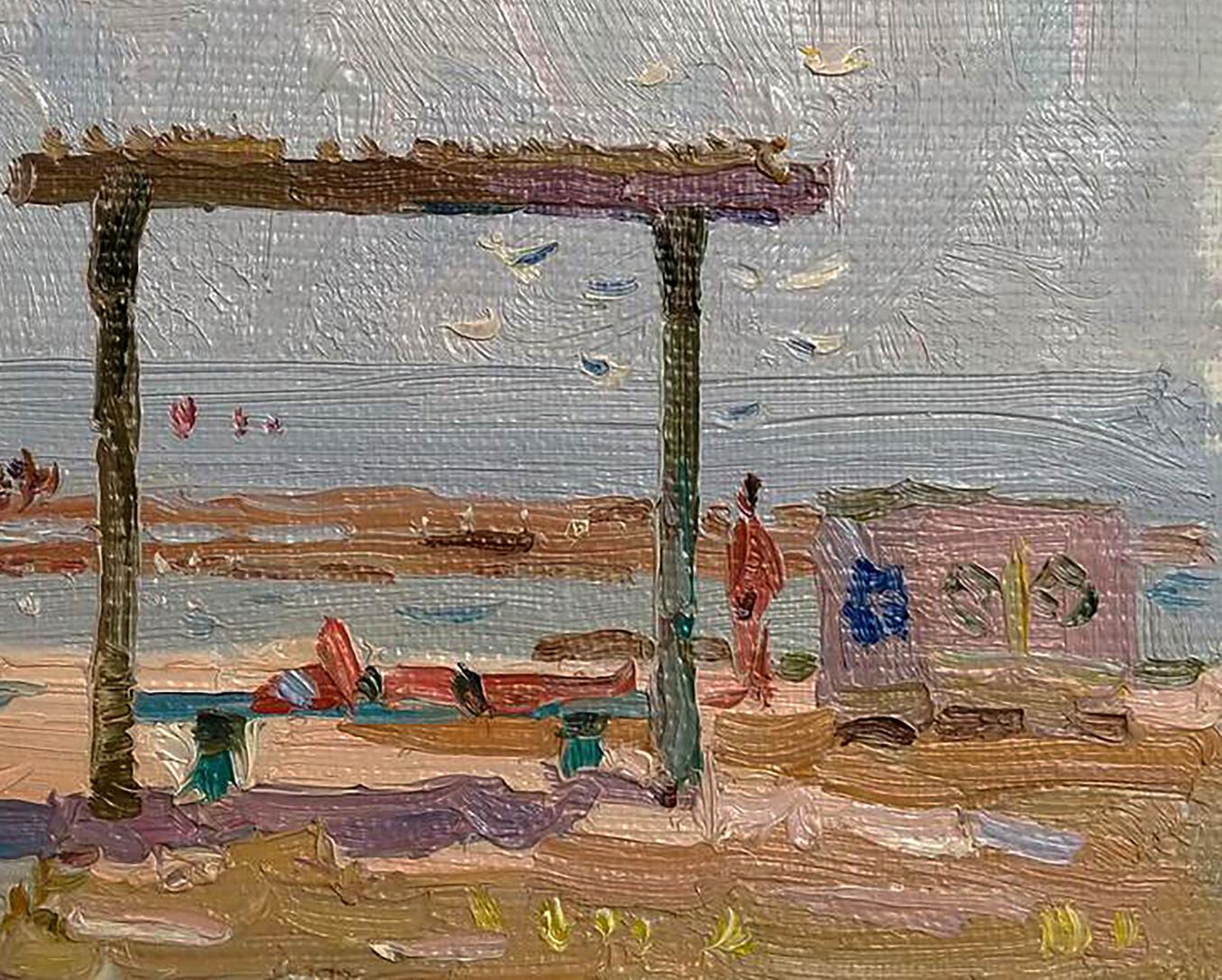 Oil painting Near the river by Yury Konovalov: wooden pergola textured view