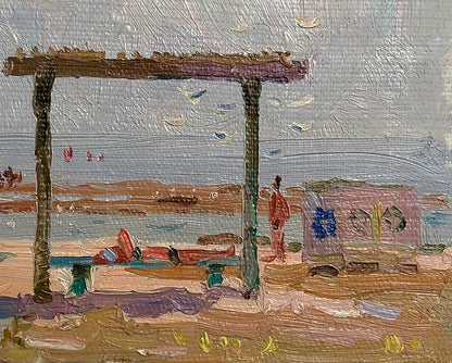 Oil painting Near the river by Yury Konovalov: wooden pergola textured view
